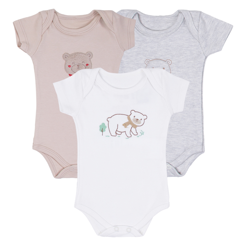 Kit Body Bebê Kiko Baby Manga Curta Bordado Urso 3 Peças