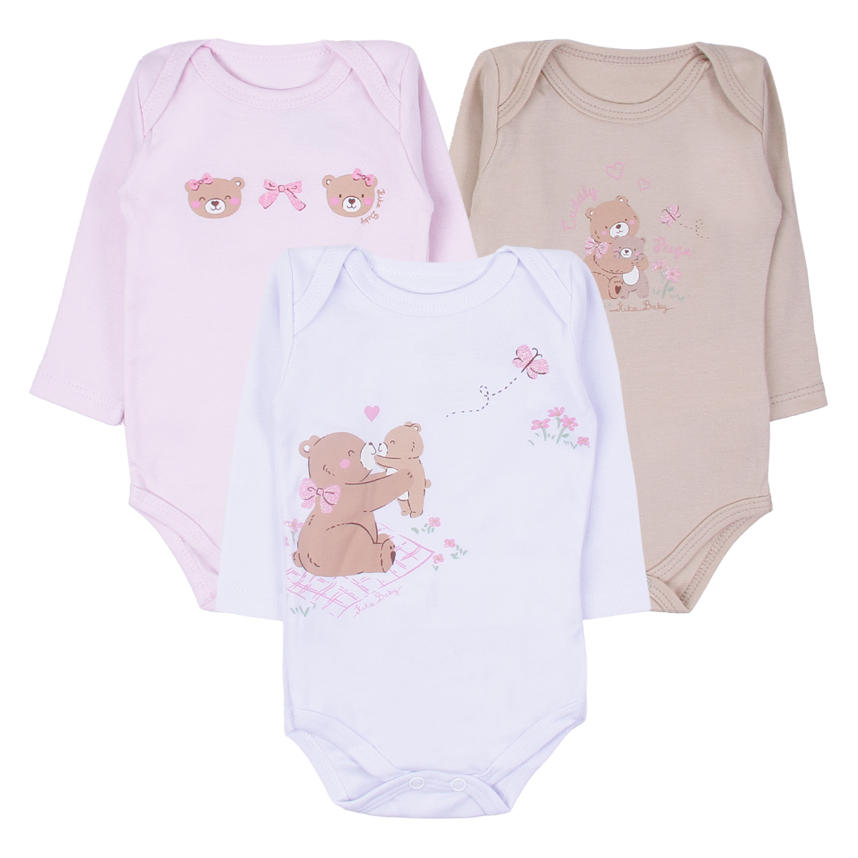 Kit Body Bebê Kiko Baby Manga Longa Estampa Ursa 3 Peças