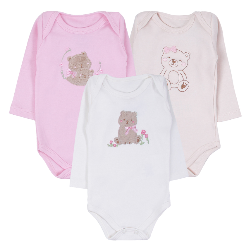 Kit Body Bebê Kiko Baby Manga Longa Bordado Ursa 3 Peças