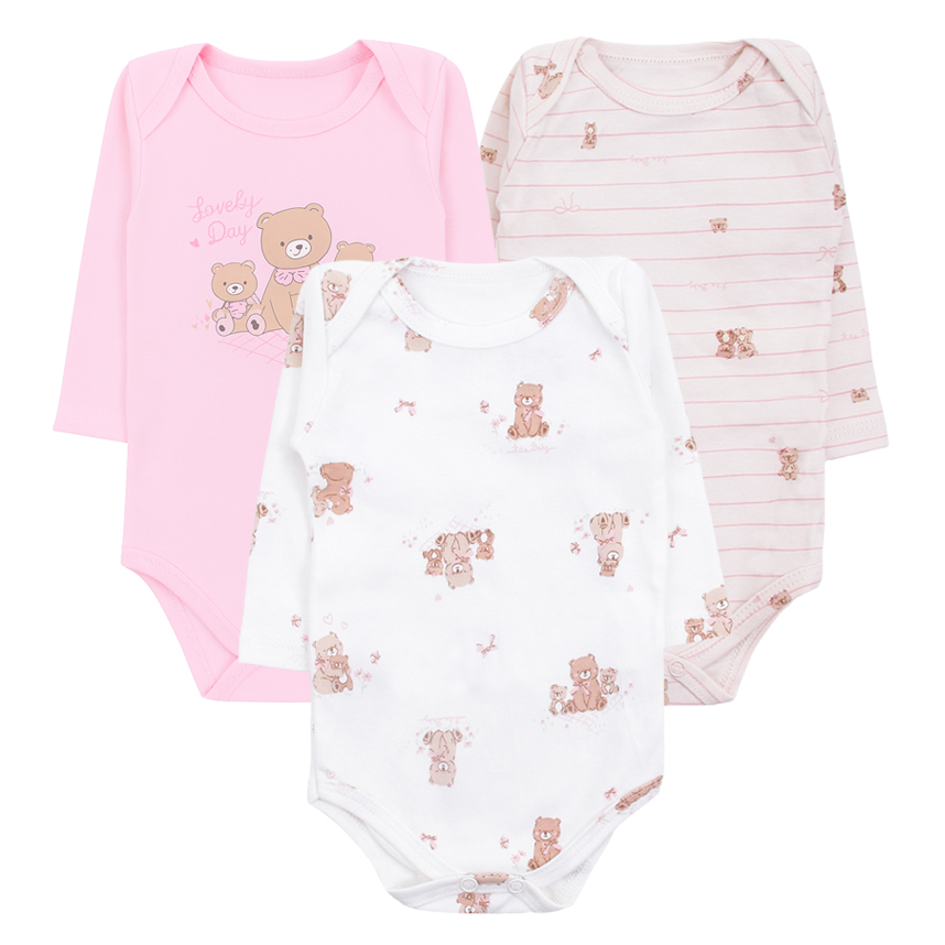 Kit Body Bebê Kiko Baby Manga Longa Estampa Ursinhos 3 Peças