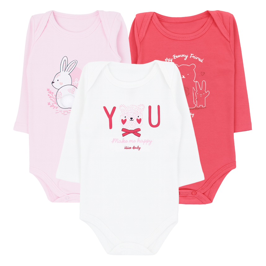 Kit Body Bebê Kiko Baby Manga Longa Estampa Coelho 3 Peças