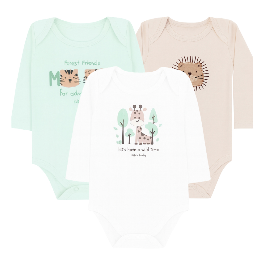 Kit Body Bebê Kiko Baby Manga Longa Girafa Leão 3 Peças