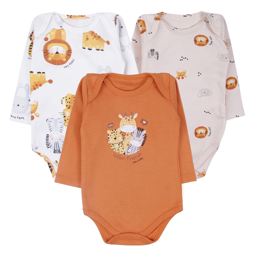 Kit Body Bebê Kiko Baby Manga Longa Amigos Safari 3 Peças