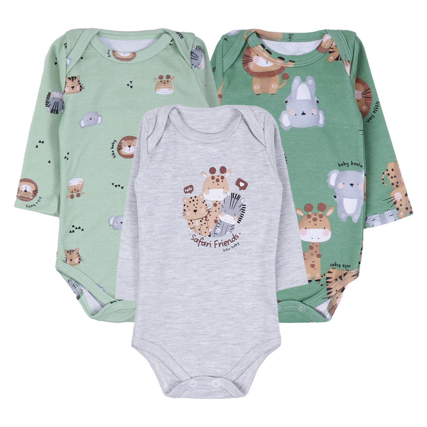 Kit Body Bebê Kiko Baby Manga Longa Amigos Safari 3 Peças