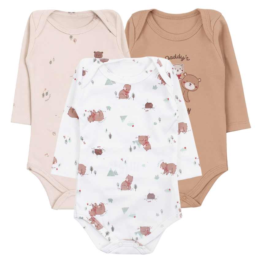 Kit Body Bebê Kiko Baby Manga Longa Estampa Urso 3 Peças