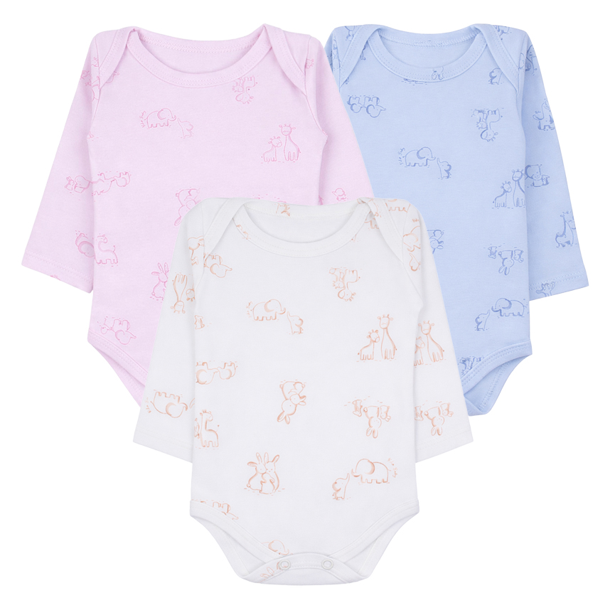 Kit Body Bebê Kiko Baby Manga Longa Estampa Bichos 3 Peças