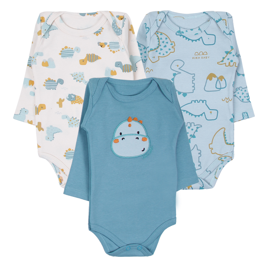 Kit Body Bebê Kiko Baby Manga Longa Dinossauro 3 Peças
