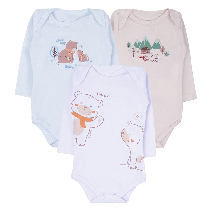 Kit Body Bebê Kiko Baby Manga Longa Estampa Urso 3 Peças