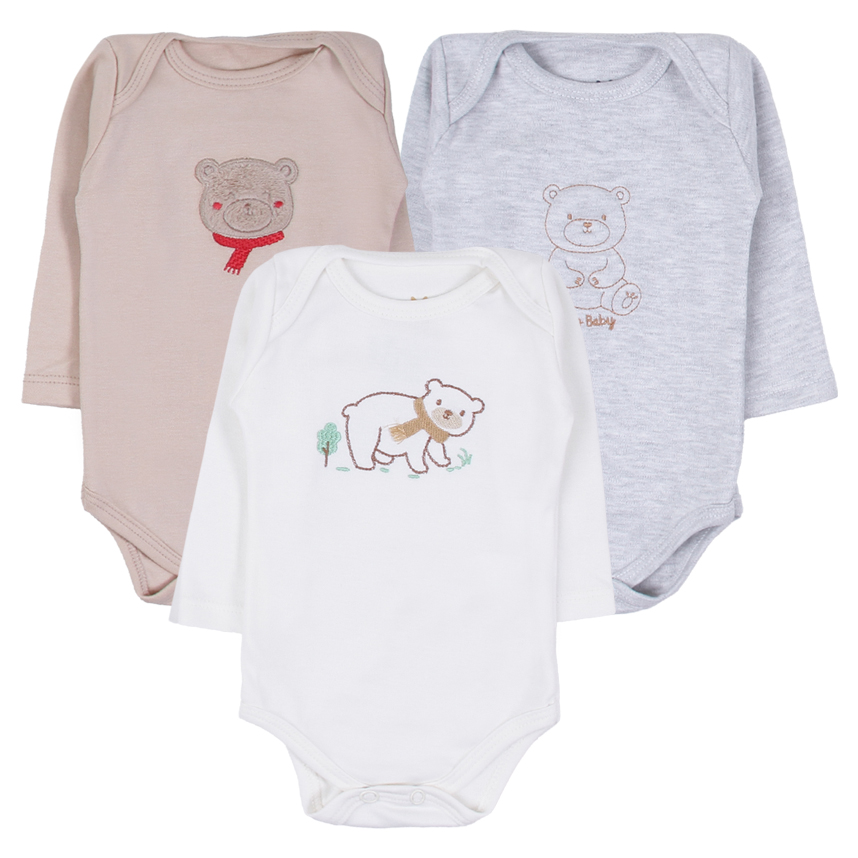 Kit Body Bebê Kiko Baby Manga Longa Bordado Urso 3 Peças
