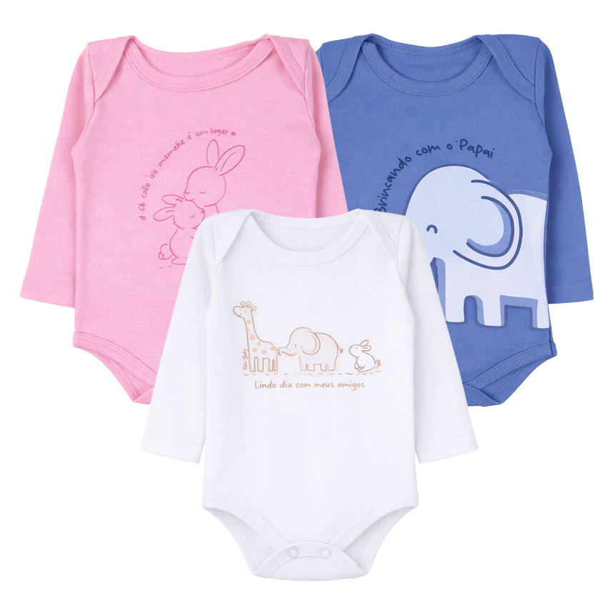 Kit Body Bebê Kiko Baby Manga Longa Estampa Bichos 3 Peças