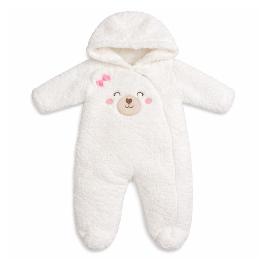 Macacão Longo Bebê Kiko Baby Pelo Bordado Ursa Com Capuz