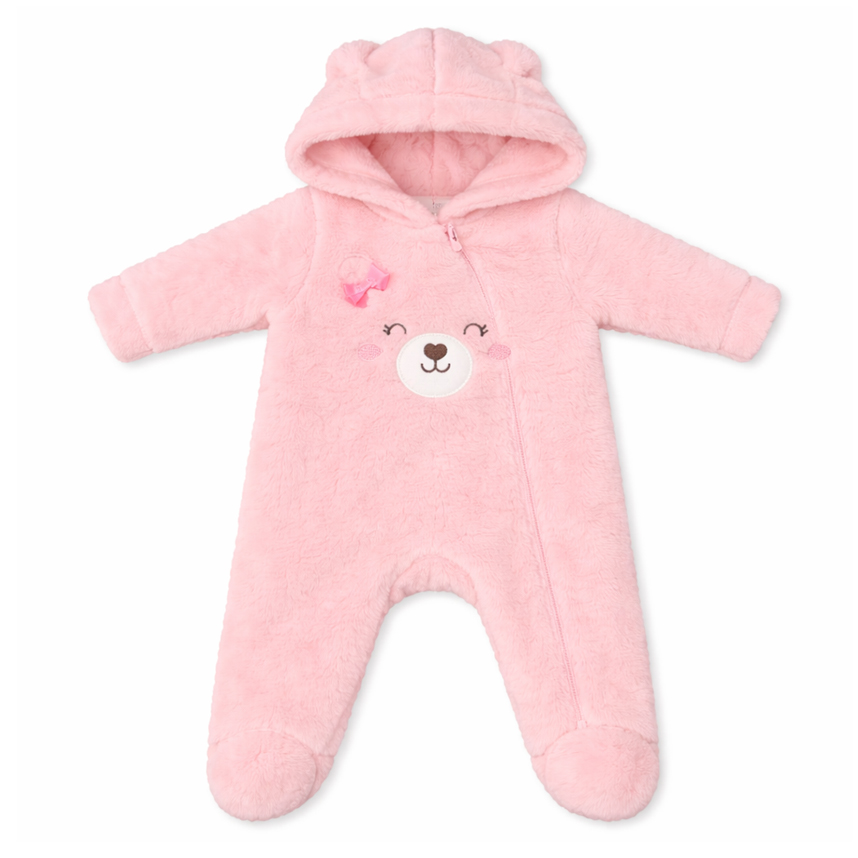 Macacão Longo Bebê Kiko Baby Pelo Bordado Ursa Com Capuz