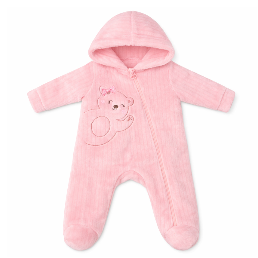 Macacão Longo Bebê Kiko Baby Fleece Bordado Ursa Com Capuz