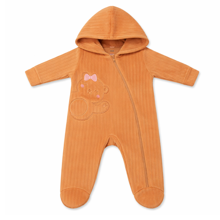 Macacão Longo Bebê Kiko Baby Fleece Bordado Ursa Com Capuz