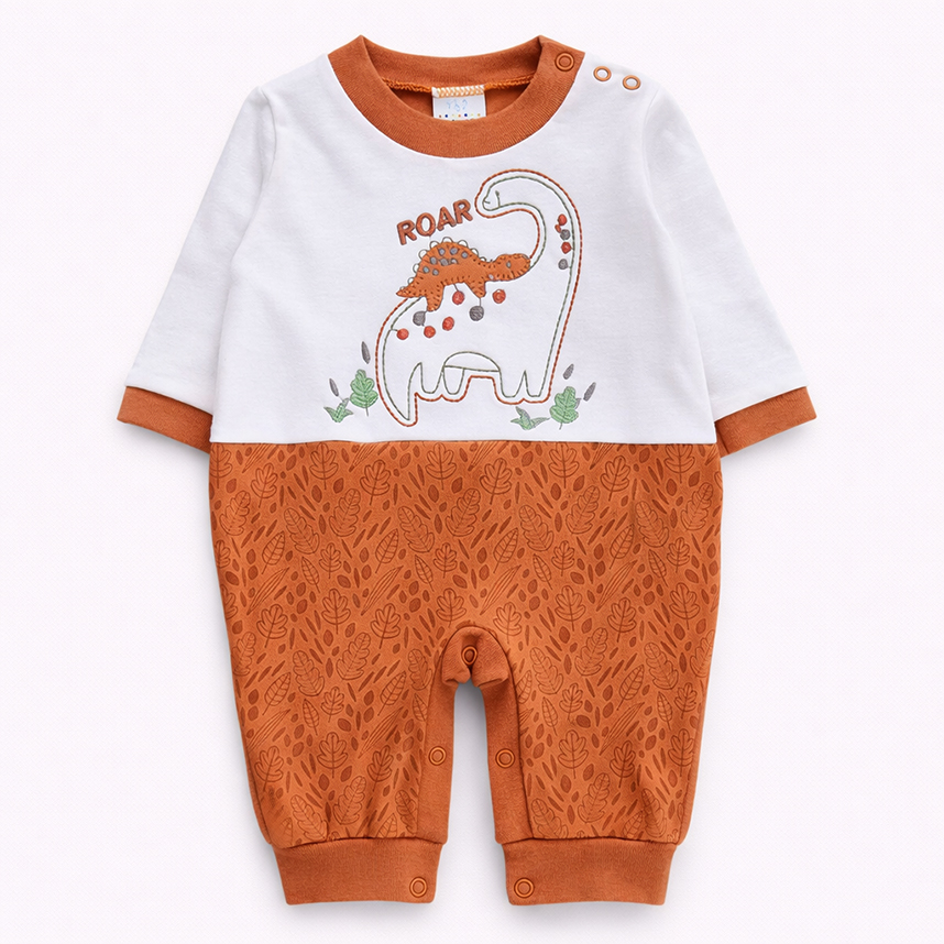 Macacão Longo Bebê Petutinha Bordado Dino Roar Folhas