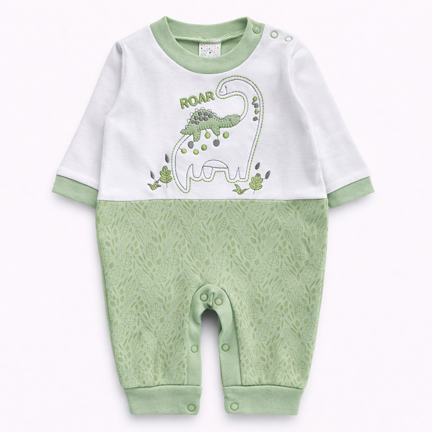 Macacão Longo Bebê Petutinha Bordado Dino Roar Folhas