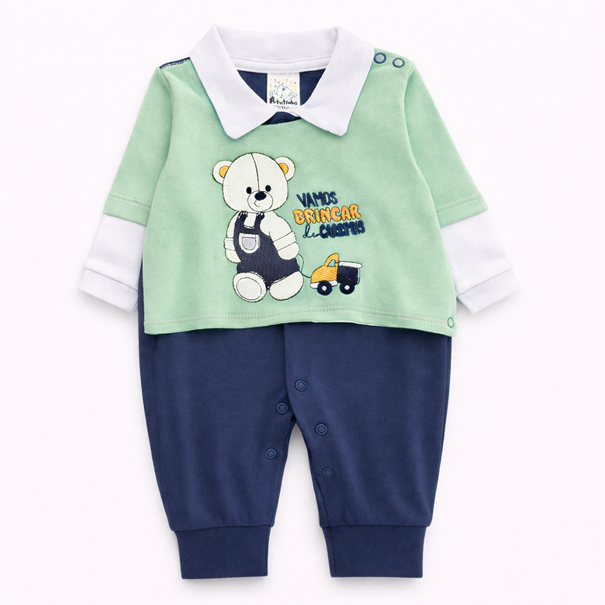 Macacão Longo Bebê Petutinha Bordado Urso Com Carro
