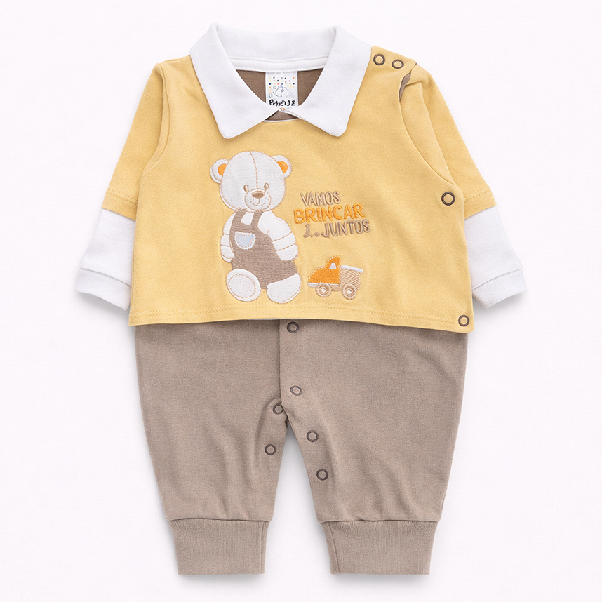 Macacão Longo Bebê Petutinha Bordado Urso Com Carro