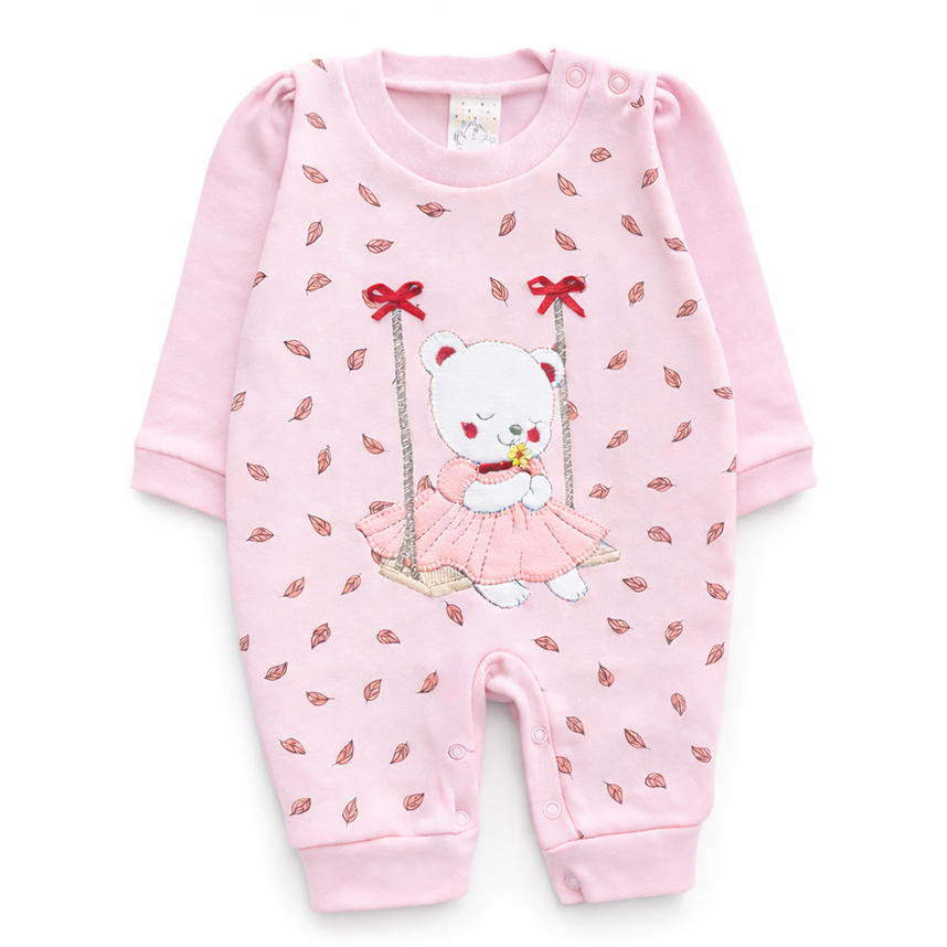 Macacão Longo Bebê Petutinha Bordado Ursa Na Balança Folhas