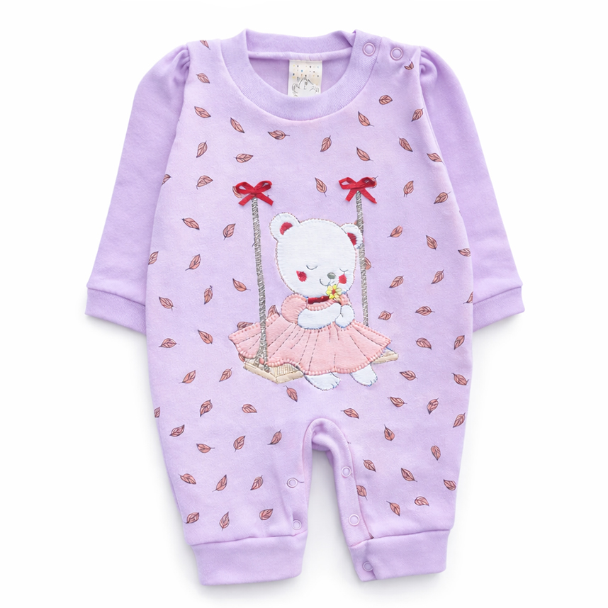 Macacão Longo Bebê Petutinha Bordado Ursa Na Balança Folhas