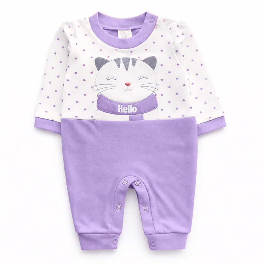 Macacão Longo Bebê Petutinha Listras E Bordado Gatinha