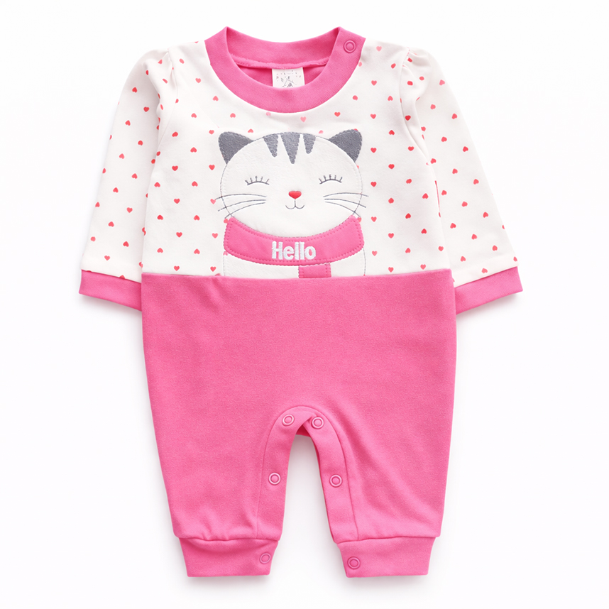 Macacão Longo Bebê Petutinha Listras E Bordado Gatinha