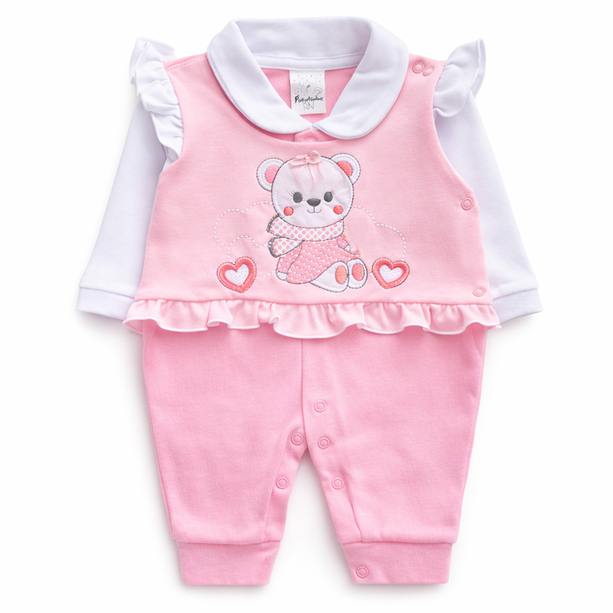 Macacão Longo Bebê Petutinha Bordado Ursa Laço