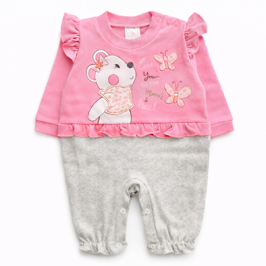 Macacão Longo Bebê Petutinha  Bordado Ursa Borboleta