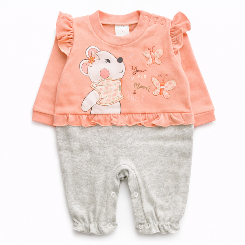 Macacão Longo Bebê Petutinha  Bordado Ursa Borboleta