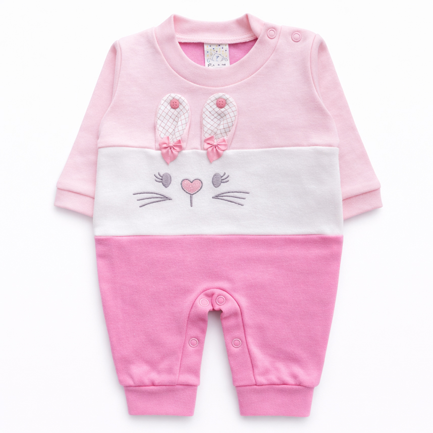 Macacão Longo Bebê Petutinha Bordado Coelha Detalhe Laço