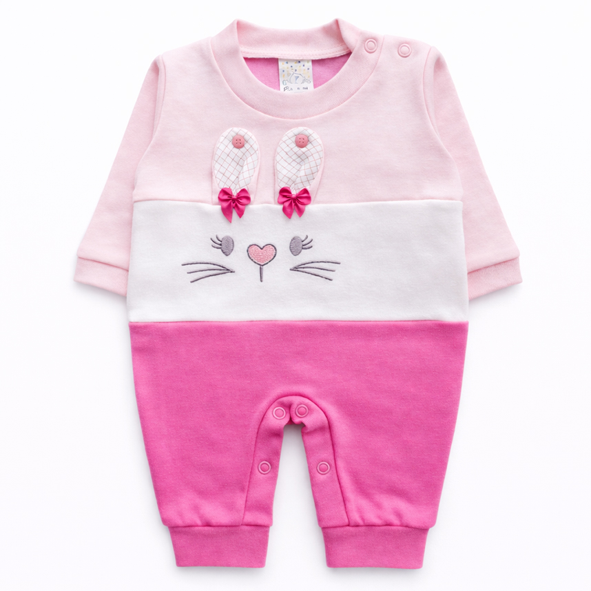 Macacão Longo Bebê Petutinha Bordado Coelha Detalhe Laço