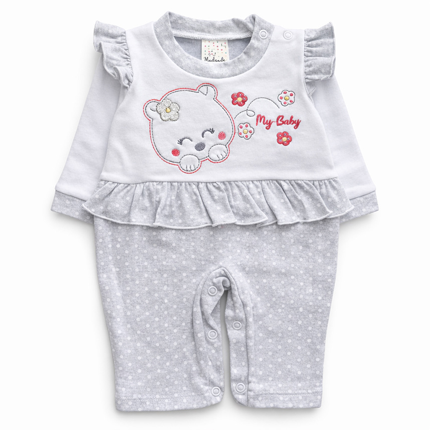 Macacão Longo Bebê Petutinha Estampa Póa Ursa Com Babados