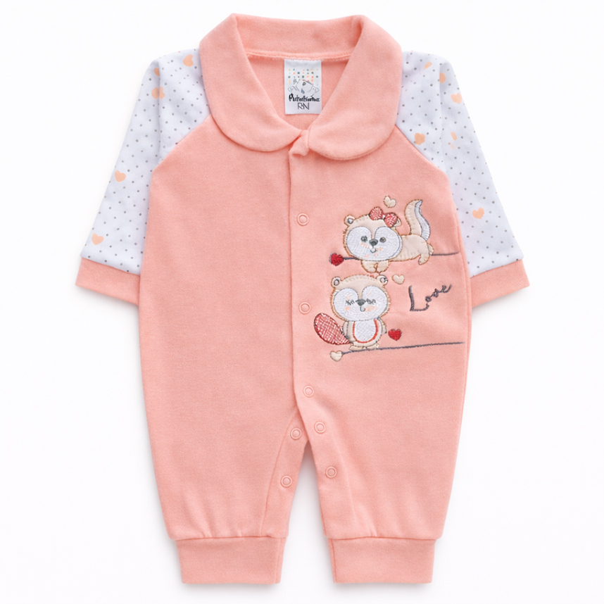 Macacão Longo Bebê Petutinha Estampa Castor E Corações