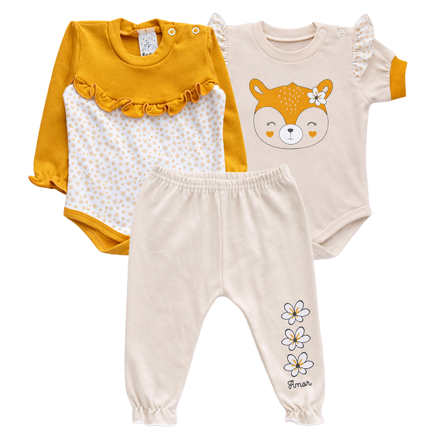 Conjunto Bebê Petutinha Body Babado Urso E Calça 3 Peças