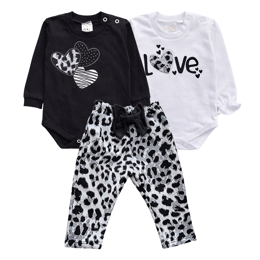 Conjunto Bebê Kiko Baby Estampa Coração 3 Peças