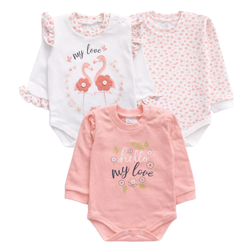 Kit Body Bebê Petutinha Manga Longa Estampa Flamingo 3 Peças