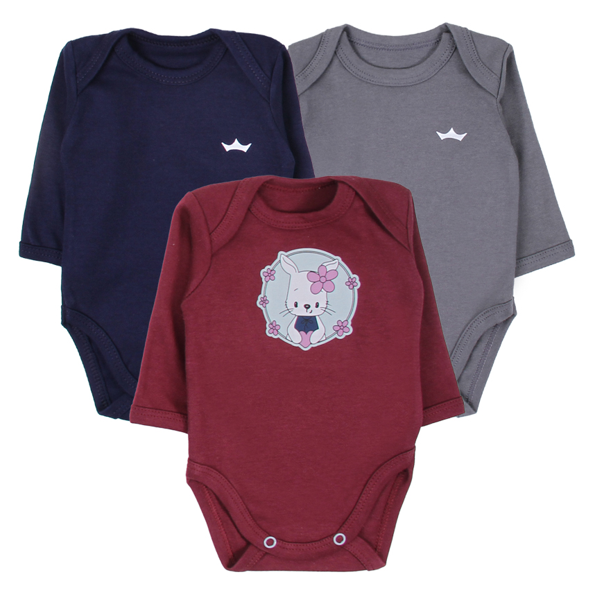 Kit Body Bebê Best Club Manga Longa Estampa Coelha 3 Peças