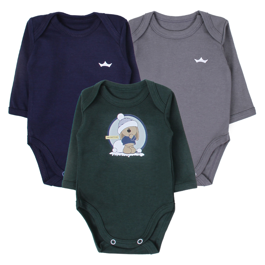 Kit Body Bebê Best Club Manga Longa Estampa Cachorro 3 Peças