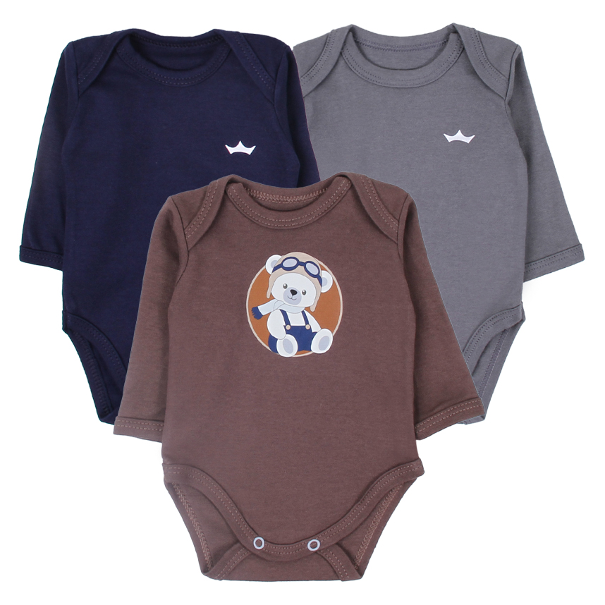 Kit Body Bebê Best Club Unissex Manga Longa Suedine 3 Peças