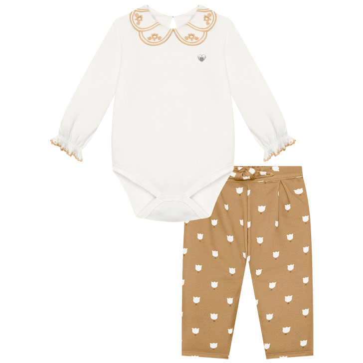 Conjunto Bebê Milon Body Manga Longa Bordado Flor E Calça