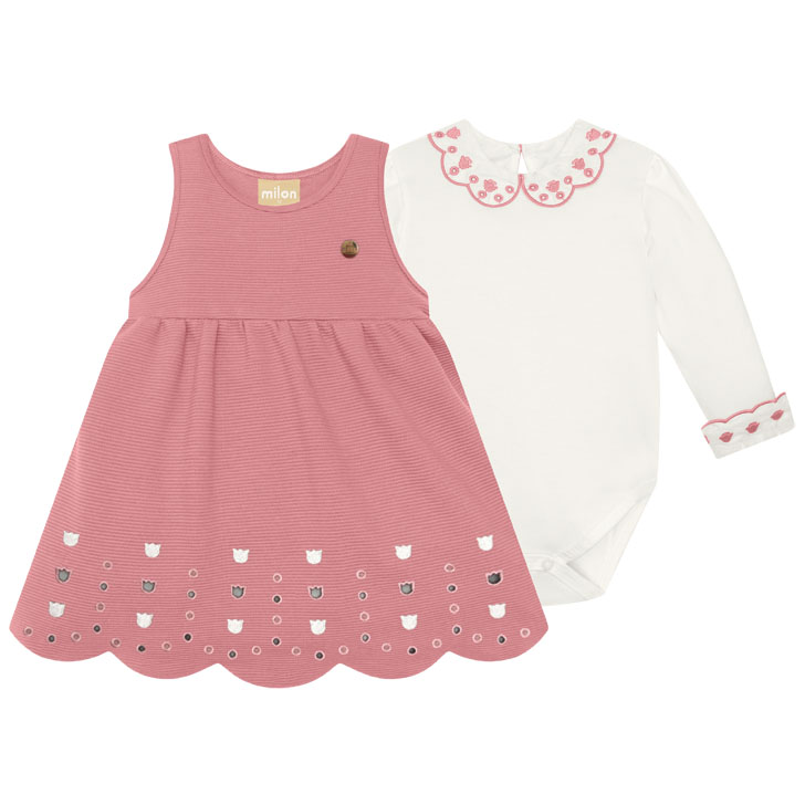 Salopete Bebê Milon Com Body Gola Bordada 2 Peças