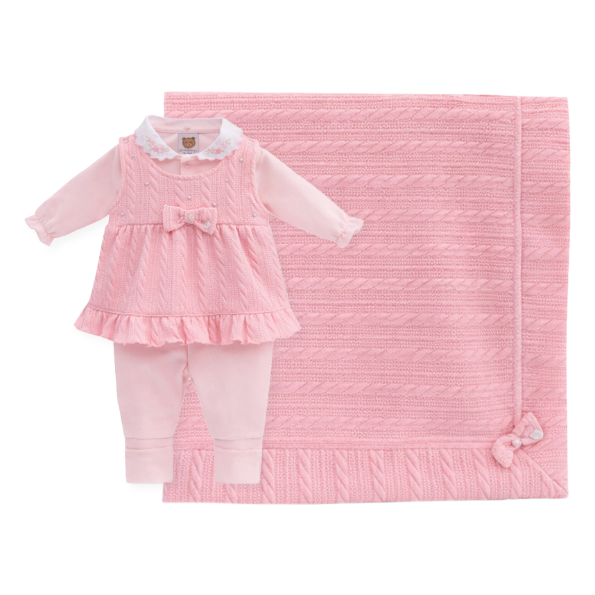 Saída Maternidade Aconchego Pala Vestido Com Bordado 3 Peças