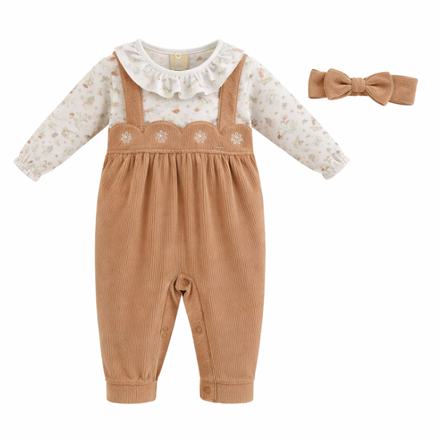 Macacão Longo Bebê Aconchego Bordado Flores Com Tiara