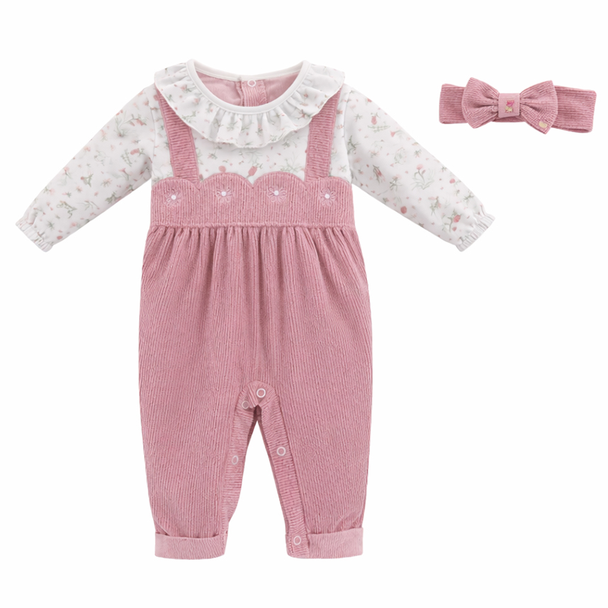 Macacão Longo Bebê Aconchego Bordado Flores Com Tiara