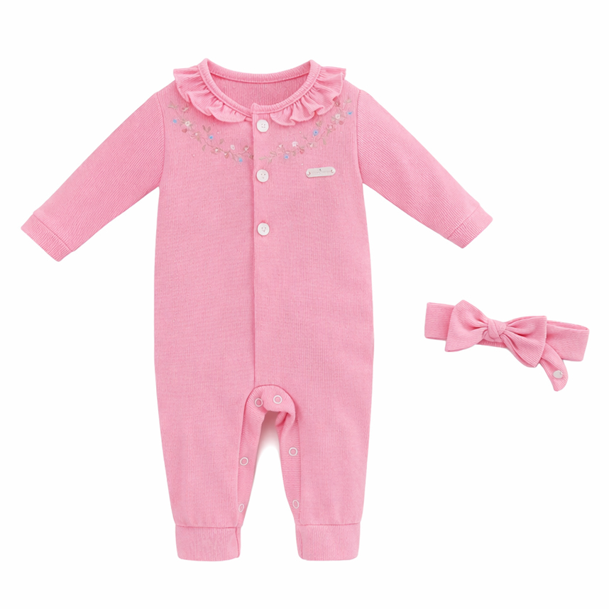Macacão Longo Bebê Aconchego Bordado Flor Com Tiara
