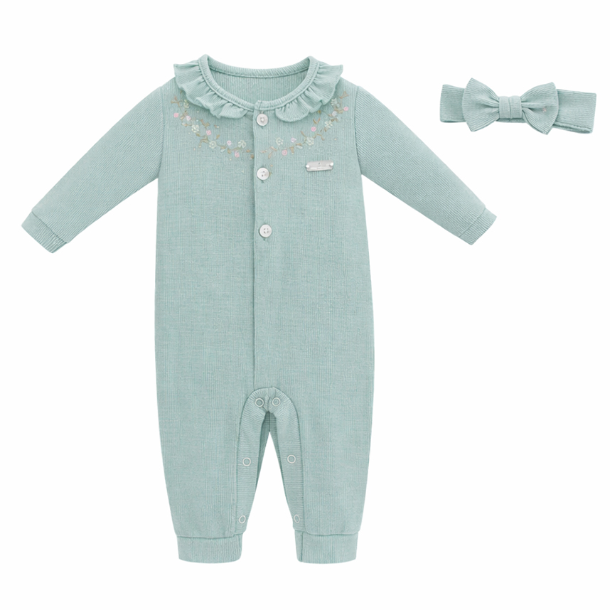 Macacão Longo Bebê Aconchego Bordado Flor Com Tiara