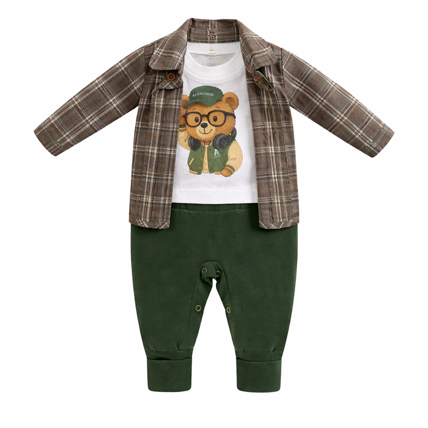 Macacão Longo Bebê Aconchego Urso Camisa Xadrez 2 Peças