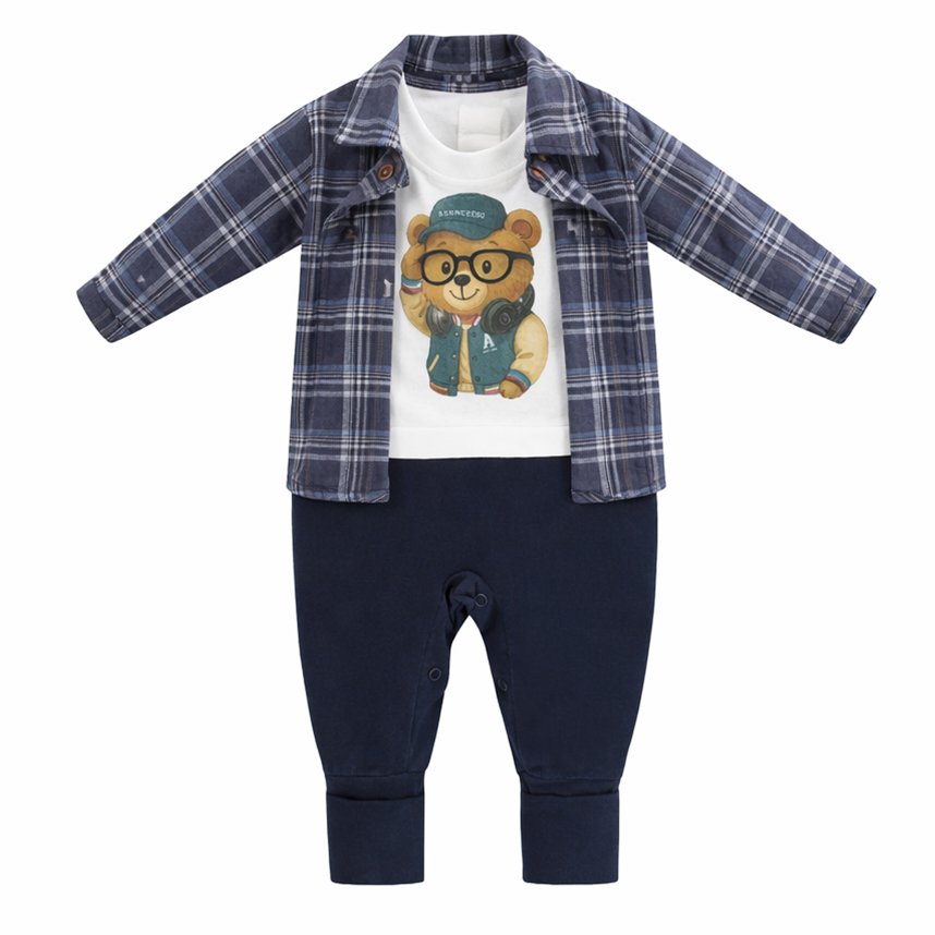 Macacão Longo Bebê Aconchego Urso Camisa Xadrez 2 Peças
