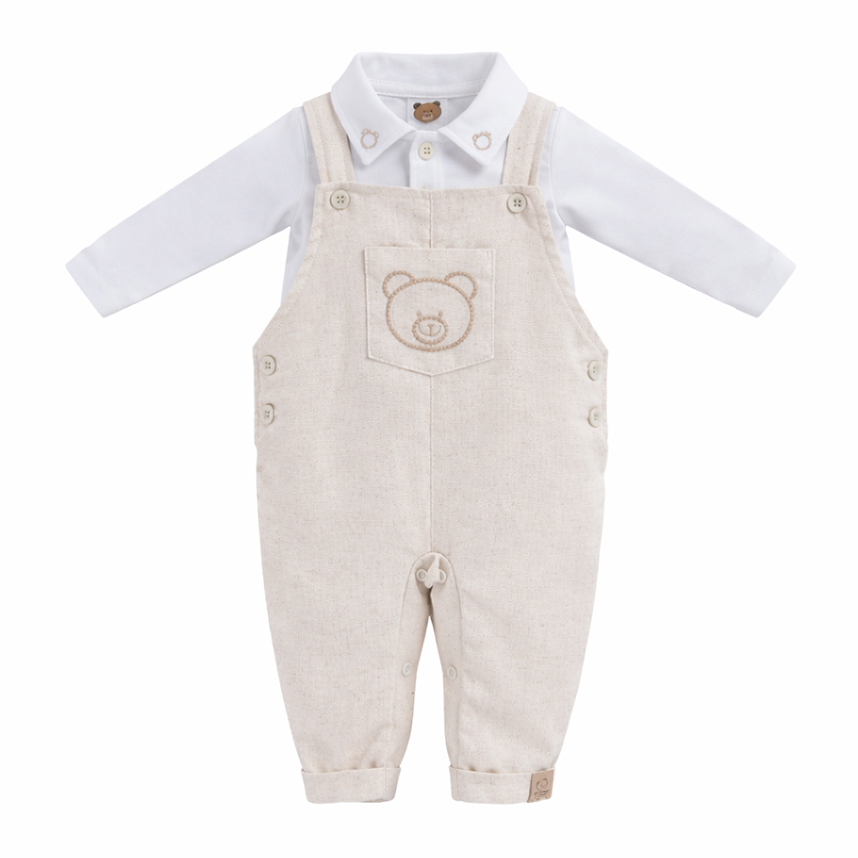 Macacão Longo Bebê Aconchego Bordado Urso 2 Peças