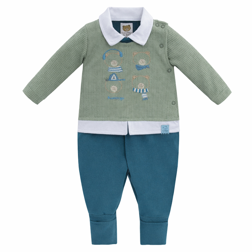 Macacão Longo Bebê Aconchego Bordado Urso Com Fone